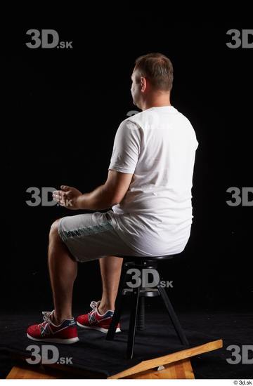 Whole Body Man White Sports Shirt Shorts Chubby Sitting Studio photo references