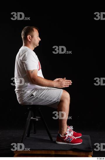 Whole Body Man White Sports Shirt Shorts Chubby Sitting Studio photo references