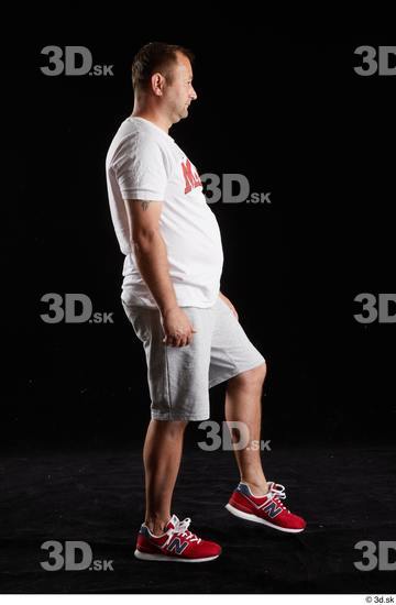 Whole Body Man White Sports Shirt Shorts Chubby Walking Studio photo references