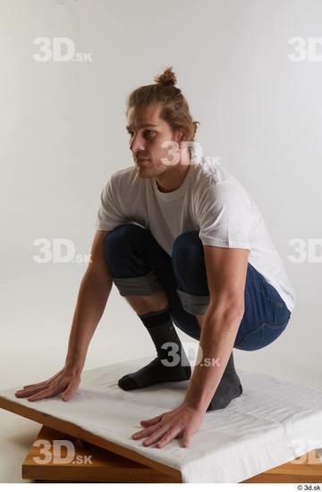 Whole Body Man White Casual Shirt Jeans Slim Kneeling Studio photo references