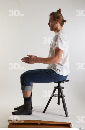 Whole Body Man White Casual Shirt Jeans Slim Sitting Studio photo references