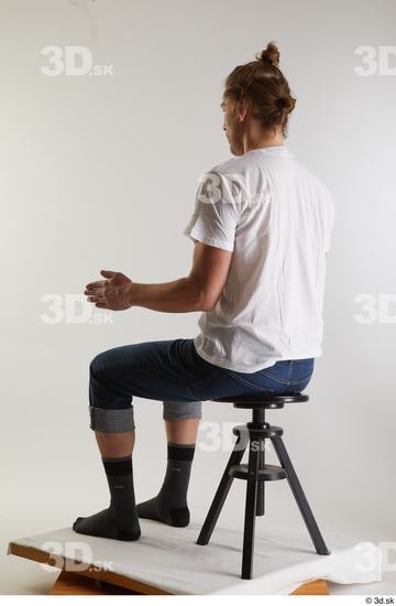 Whole Body Man White Casual Shirt Jeans Slim Sitting Studio photo references