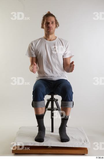 Whole Body Man White Casual Shirt Jeans Slim Sitting Studio photo references