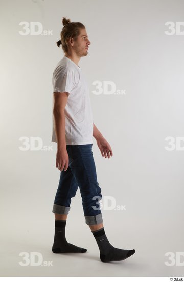 Whole Body Man White Casual Shirt Jeans Slim Walking Studio photo references