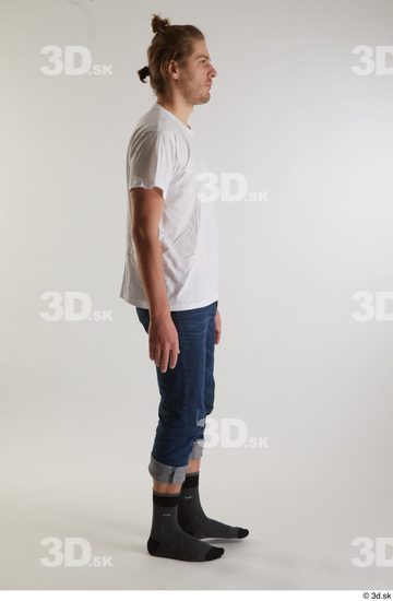 Whole Body Man White Casual Shirt Jeans Slim Walking Studio photo references