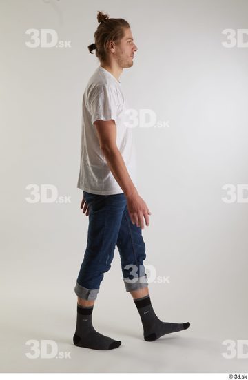 Whole Body Man White Casual Shirt Jeans Slim Walking Studio photo references