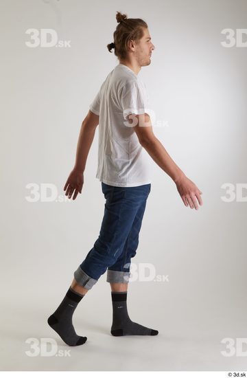 Whole Body Man White Casual Shirt Jeans Slim Walking Studio photo references