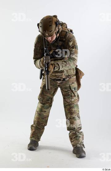 Whole Body Man Pose with machine rifle White Army Athletic Studio photo references