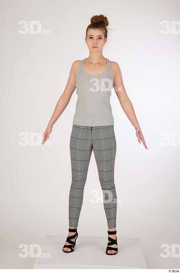 Olivia Sparkle black high heels sandals casual dressed grey checkered trousers grey tank top standing whole body  jpg