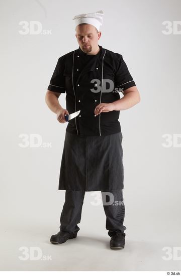Whole Body Man Pose with knife White Uniform Chubby Bearded Studio photo references